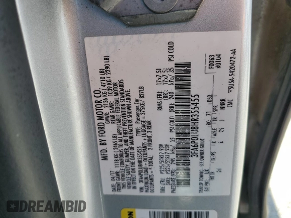 2017 Ford Fusion Hybrid SE with VIN 3FA6P0LU8HR355455, listed as a Copart auction lot 60469935 with 183,105 mi miles and Salvage title. Bid and sale history available at DreamBid. Image 13.