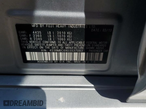 2013 Subaru Legacy Premium with VIN 4S3BMBC68D3037083, listed as a Copart auction lot 64599345 with 107,781 mi miles and Salvage title. Bid and sale history available at DreamBid. Image 12.