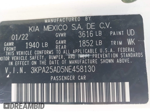 2022 Kia Rio S with VIN 3KPA25AD5NE458130, listed as a IAAI auction lot 41530395 with 33,154 mi miles and . Bid and sale history available at DreamBid. Image 9.