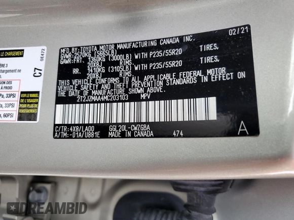 2021 Lexus RX 350 with VIN 2T2JZMAA4MC203103, listed as a Copart auction lot 54626645 with 8,081 mi miles and Salvage Title. Bid and sale history available at DreamBid. Image 13.