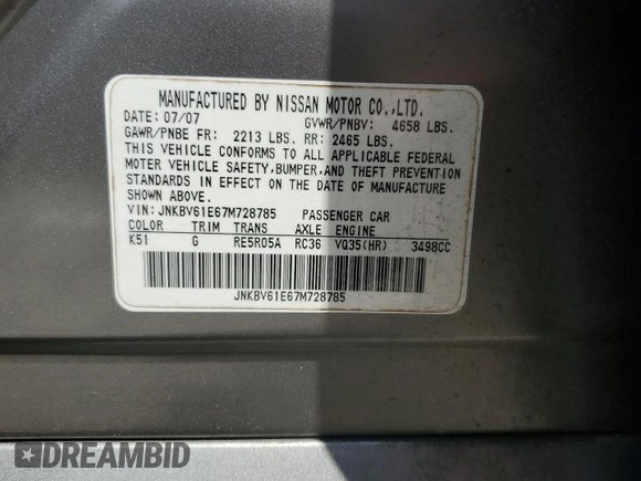 2007 Infiniti G35 Journey with VIN JNKBV61E67M728785, listed as a Copart auction lot 56400445 with 181,939 mi miles and Clean Title. Bid and sale history available at DreamBid. Image 12.