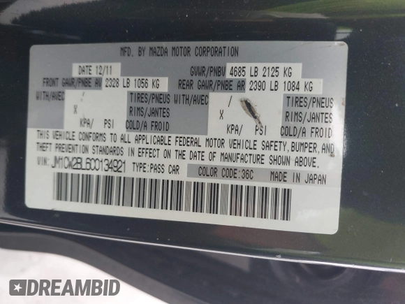 2012 Mazda 5 Sport with VIN JM1CW2BL6C0134921, listed as a IAAI auction lot 42290476 with 128,490 mi miles and . Bid and sale history available at DreamBid. Image 9.