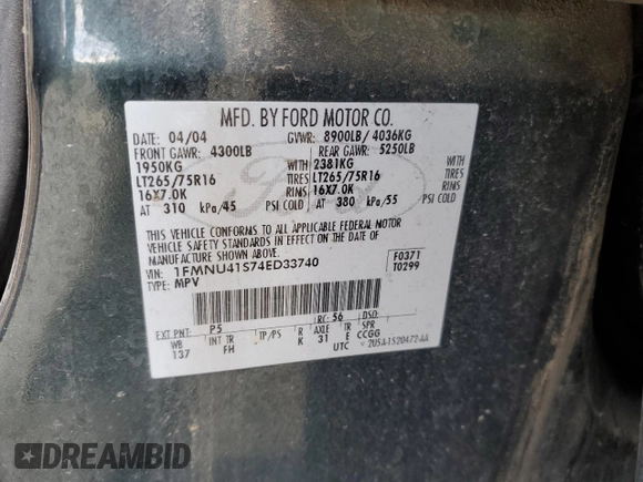 2004 Ford Excursion Special Serv z VIN 1FMNU41S74ED33740, wystawiony jako Copart lot #51643285 z przebiegiem 193 942 mil mil oraz Szkoda całkowita • Salvage title. Historia ofert i sprzedaży dostępna na DreamBid. Obrazek 14.