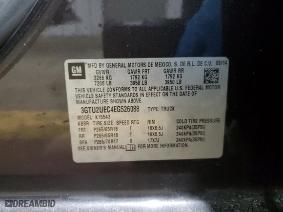 2014 GMC Sierra 1500 SLE with VIN 3GTU2UEC4EG526088, listed as a Copart auction lot 43026645 with 0 mi miles and Salvage Title. Bid and sale history available at carsss.com. Image 12.