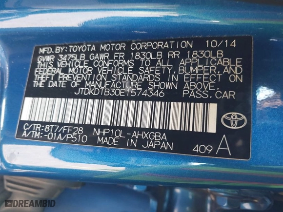 2014 Toyota Prius c One with VIN JTDKDTB30E1574346, listed as a IAAI auction lot 41756182 with 187,631 mi miles. Bid and sale history available at carsss.com. Image 9.
