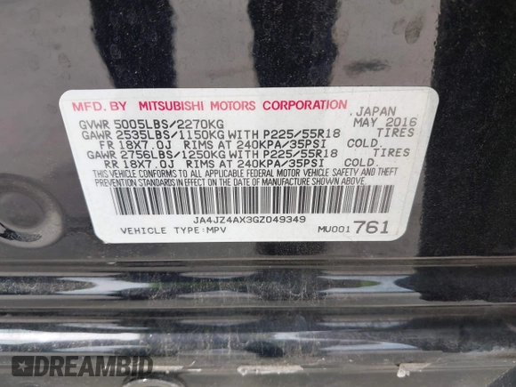 2016 Mitsubishi Outlander GT with VIN JA4JZ4AX3GZ049349, listed as a IAAI auction lot 42476820 with 92,098 mi miles and . Bid and sale history available at DreamBid. Image 9.