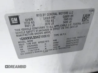 2017 GMC Acadia SLT z VIN 1GKKNVLS5HZ190619, wystawiony jako IAAI lot #42213852 z przebiegiem 108 375 mil mil oraz . Historia ofert i sprzedaży dostępna na DreamBid. Obrazek 9.