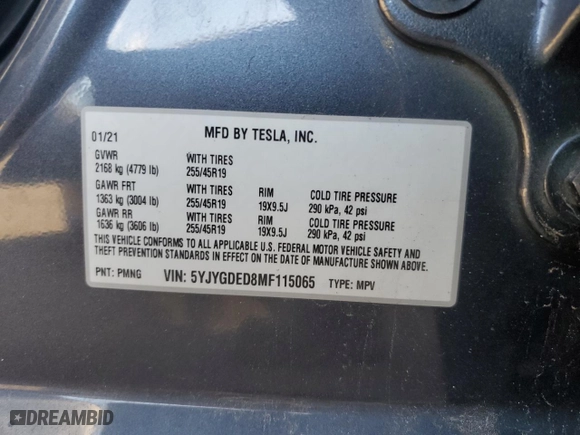 2021 Tesla Model Y Standard Range with VIN 5YJYGDED8MF115065, listed as a Copart auction lot 49420235 with 111,018 mi miles and Salvage Title. Bid and sale history available at carsss.com. Image 12.