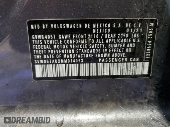 2021 Volkswagen Golf TSI с VIN 3VWG57AUXMM014093, выставлен на аукционе Copart как лот 47557394 с пробегом Не указан миль и Списание • Salvage title. История ставок и продаж доступна на DreamBid. Изображение 12.