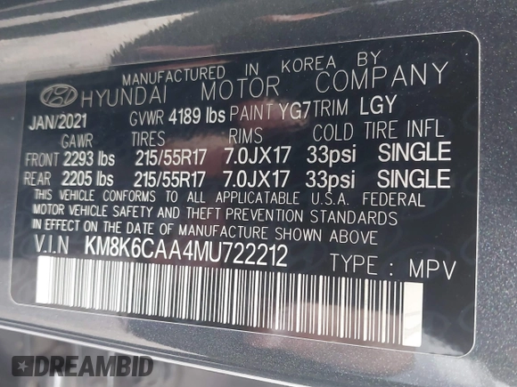 2021 Hyundai Kona SEL Plus with VIN KM8K6CAA4MU722212, listed as a IAAI auction lot 40393002 with 37,964 mi miles. Bid and sale history available at carsss.com. Image 9.