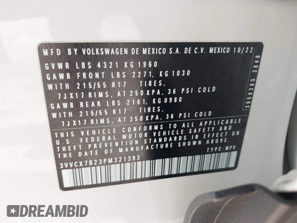 2023 Volkswagen Taos S с VIN 3VVCX7B23PM321393, выставлен на аукционе IAAI как лот 41835153 с пробегом 31 587 миль миль и . История ставок и продаж доступна на DreamBid. Изображение 9.