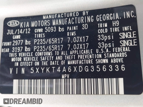 2013 Kia Sorento LX with VIN 5XYKT4A6XDG356336, listed as a IAAI auction lot 42503679 with 236,752 mi miles and . Bid and sale history available at DreamBid. Image 9.