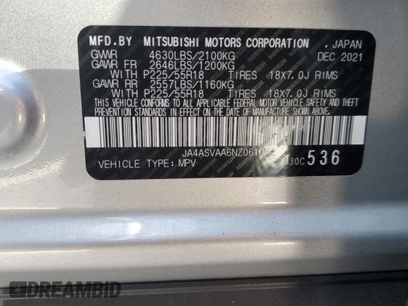 2022 Mitsubishi Eclipse Cross LE with VIN JA4ASVAA6NZ061062, listed as a Copart auction lot 57394845 with Not provided miles and Salvage title. Bid and sale history available at DreamBid. Image 13.