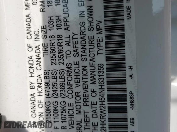 2022 Honda CR-V EX z VIN 2HKRW2H54NH631359, wystawiony jako Copart lot #54217095 z przebiegiem 49 062 mil mil oraz Szkoda całkowita • Salvage title. Historia ofert i sprzedaży dostępna na DreamBid. Obrazek 13.