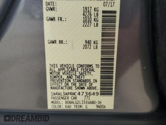 2017 Nissan Altima S with VIN 1N4AL3AP4HC473649, listed as a Copart auction lot 61496335 with 47,575 mi miles and Salvage title. Bid and sale history available at DreamBid. Image 13.