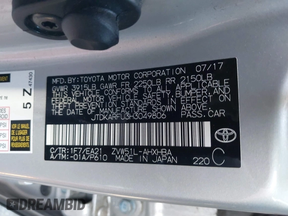 2017 Toyota Prius Two with VIN JTDKARFU3H3049806, listed as a IAAI auction lot 41811825 with 94,453 mi miles. Bid and sale history available at carsss.com. Image 9.