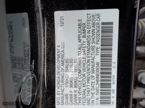 2022 Honda Civic Hatchback Sport with VIN 19XFL2H89NE006546, listed as a Copart auction lot 87484694 with 13,751 mi miles and Salvage Title. Bid and sale history available at carsss.com. Image 14.