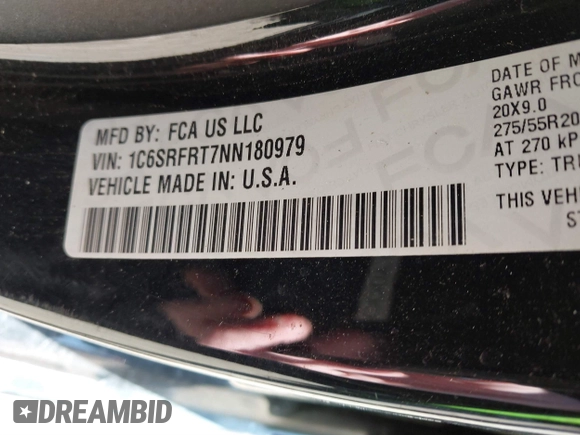 2022 Ram 1500 Laramie with VIN 1C6SRFRT7NN180979, listed as a IAAI auction lot 41824340 with 32,446 mi miles and . Bid and sale history available at DreamBid. Image 9.