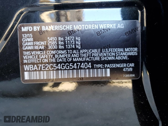 2016 BMW 7 Series 740i with VIN WBA7E2C54GG547404, listed as a Copart auction lot 40052803 with 94,008 mi miles. Bid and sale history available at carsss.com. Image 15.