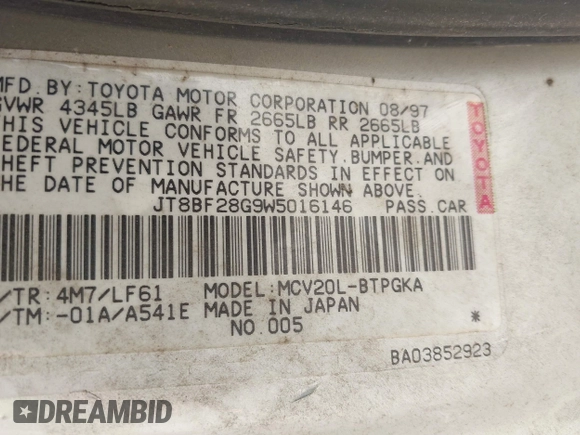 1998 Lexus ES 300 with VIN JT8BF28G9W5016146, listed as a IAAI auction lot 42672230 with 303,819 mi miles and . Bid and sale history available at DreamBid. Image 9.