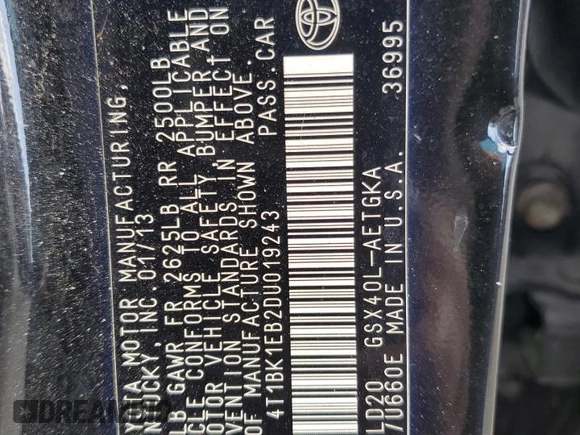 2013 Toyota Avalon XLE with VIN 4T1BK1EB2DU019243, listed as a Copart auction lot 55155725 with 256,267 mi miles and Salvage Title. Bid and sale history available at DreamBid. Image 13.