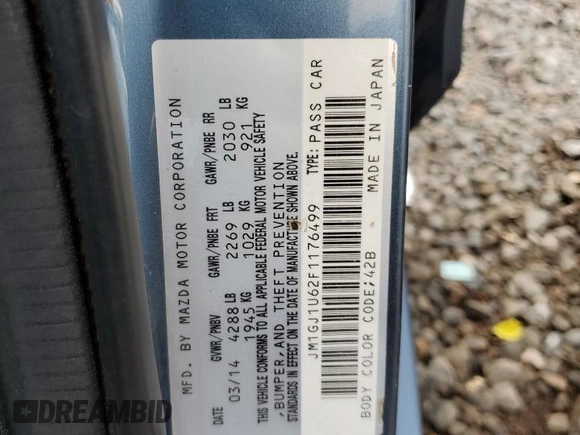 2015 Mazda 6 i Sport with VIN JM1GJ1U62F1176499, listed as a Copart auction lot 55613035 with 114,009 mi miles and Salvage Title. Bid and sale history available at DreamBid. Image 13.