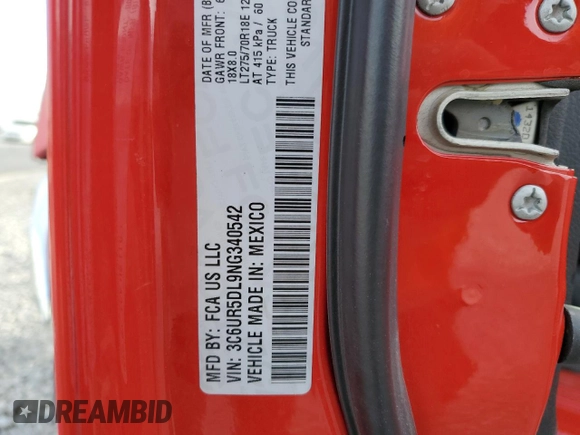 2022 Ram 2500 Big Horn with VIN 3C6UR5DL9NG340542, listed as a Copart auction lot 44823795 with 29,150 mi miles and Salvage Title. Bid and sale history available at carsss.com. Image 12.