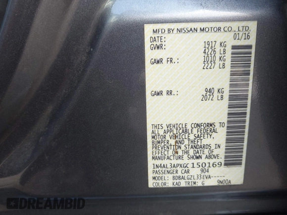 2016 Nissan Altima SV with VIN 1N4AL3APXGC150169, listed as a IAAI auction lot 41700079 with 170,221 mi miles and . Bid and sale history available at DreamBid. Image 9.