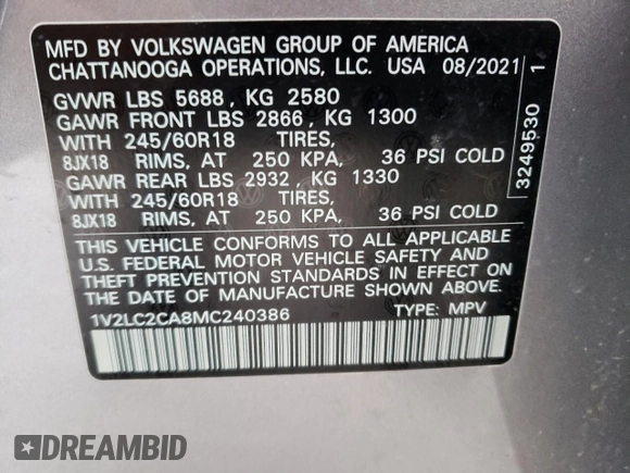 2021 Volkswagen Atlas SE with VIN 1V2LC2CA8MC240386, listed as a Copart auction lot 79628244 with 32,747 mi miles and Clean title. Bid and sale history available at DreamBid. Image 13.