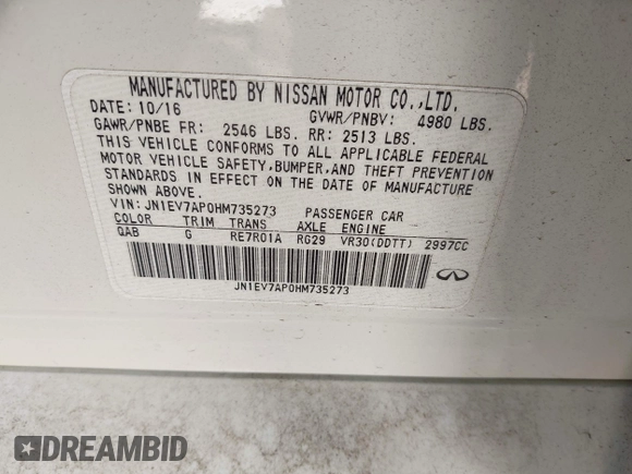 2017 Infiniti Q50 3.0t Premium with VIN JN1EV7AP0HM735273, listed as a IAAI auction lot 41974059 with 82,824 mi miles. Bid and sale history available at carsss.com. Image 9.