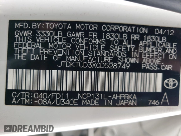 2012 Toyota Yaris L z VIN JTDKTUD3XCD528749, wystawiony jako Copart lot #56803205 z przebiegiem 140 024 mil mil oraz Szkoda całkowita • Salvage title. Historia ofert i sprzedaży dostępna na DreamBid. Obrazek 12.