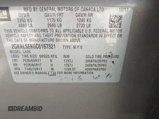 2012 GMC Terrain SLE-2 with VIN 2GKALSEK6C6167321, listed as a IAAI auction lot 42047888 with 79,307 mi miles and . Bid and sale history available at DreamBid. Image 9.
