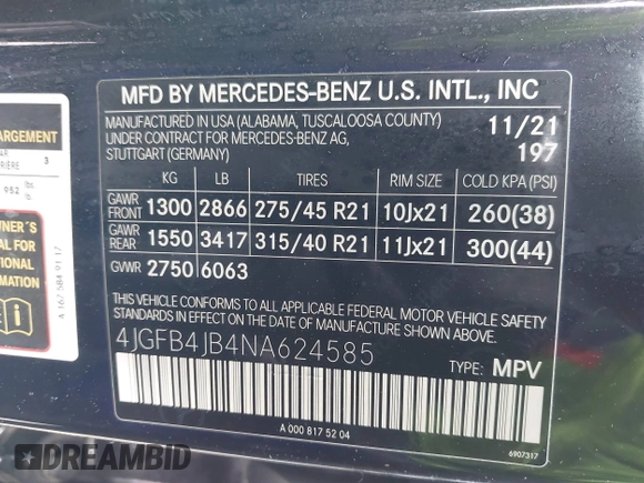 2022 Mercedes-Benz GLE 350 with VIN 4JGFB4JB4NA624585, listed as a IAAI auction lot 41788075 with 34,859 mi miles and . Bid and sale history available at DreamBid. Image 9.