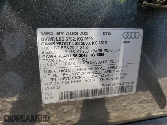 2018 Audi SQ5 Prestige with VIN WA1C4AFY8J2119726, listed as a Copart auction lot 48949415 with 87,373 mi miles and Salvage Title. Bid and sale history available at DreamBid. Image 13.