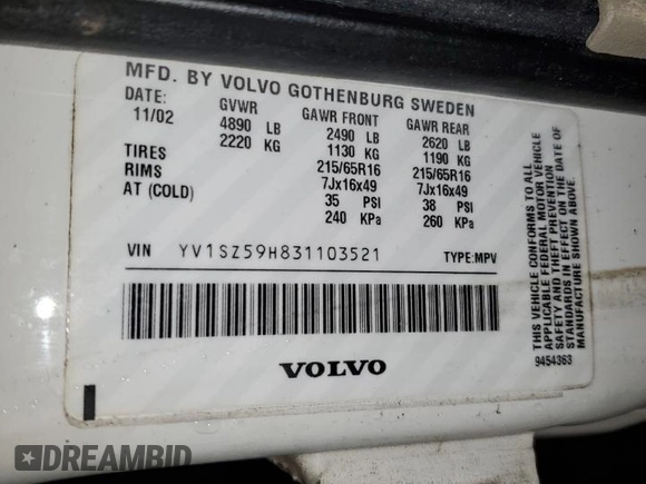 2003 Volvo V70 XC70 z VIN YV1SZ59H831103521, wystawiony jako Copart lot #80958954 z przebiegiem 153 551 mil mil oraz Szkoda całkowita • Salvage title. Historia ofert i sprzedaży dostępna na DreamBid. Obrazek 13.