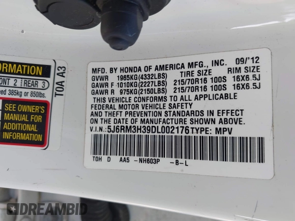 2013 Honda CR-V LX with VIN 5J6RM3H39DL002176, listed as a IAAI auction lot 41668666 with 65,940 mi miles. Bid and sale history available at carsss.com. Image 9.