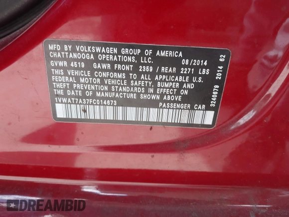 2015 Volkswagen Passat Limited Edition Edition with VIN 1VWAT7A37FC014673, listed as a IAAI auction lot 42139731 with 223,506 mi miles and . Bid and sale history available at DreamBid. Image 9.