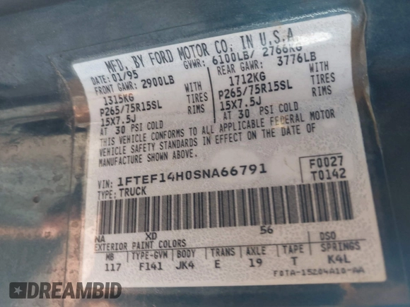1995 Ford F-150 with VIN 1FTEF14H0SNA66791, listed as a IAAI auction lot 42583333 with 236,624 mi miles and . Bid and sale history available at DreamBid. Image 9.