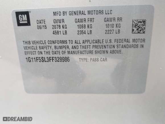 2015 Chevrolet Malibu LTZ with VIN 1G11F5SL3FF328986, listed as a IAAI auction lot 41578501 with 147,998 mi miles. Bid and sale history available at carsss.com. Image 9.