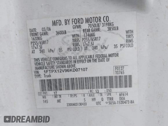 2006 Ford F-150 XL с VIN 1FTPX12V96KD07107, выставлен на аукционе IAAI как лот 42419572 с пробегом 220 027 миль миль и . История ставок и продаж доступна на DreamBid. Изображение 9.