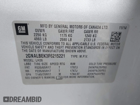 2015 Chevrolet Equinox LT with VIN 2GNALBEK3F6215221, listed as a IAAI auction lot 42177610 with 118,199 mi miles. Bid and sale history available at carsss.com. Image 9.