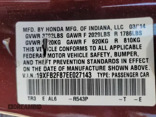 2014 Honda Civic Sedan EX with VIN 19XFB2F87EE027143, listed as a Copart auction lot 57973734 with 135,664 mi miles and Salvage Title. Bid and sale history available at carsss.com. Image 12.