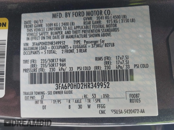 2017 Ford Fusion SE с VIN 3FA6P0HD2HR349952, выставлен на аукционе IAAI как лот 42295433 с пробегом 39 250 миль миль и . История ставок и продаж доступна на DreamBid. Изображение 9.