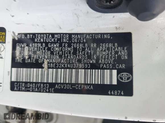 2004 Toyota Camry LE with VIN 4T1BE32KX4U379593, listed as a Copart auction lot 53391455 with 221,056 mi miles and Salvage Title. Bid and sale history available at carsss.com. Image 12.