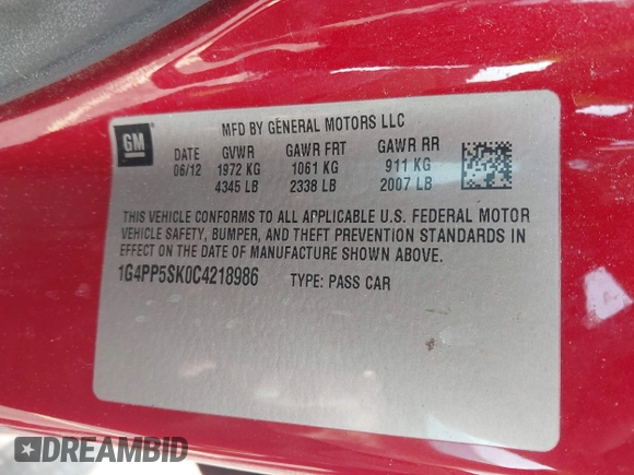 2012 Buick Verano with VIN 1G4PP5SK0C4218986, listed as a IAAI auction lot 42298097 with 194,761 mi miles and . Bid and sale history available at DreamBid. Image 9.