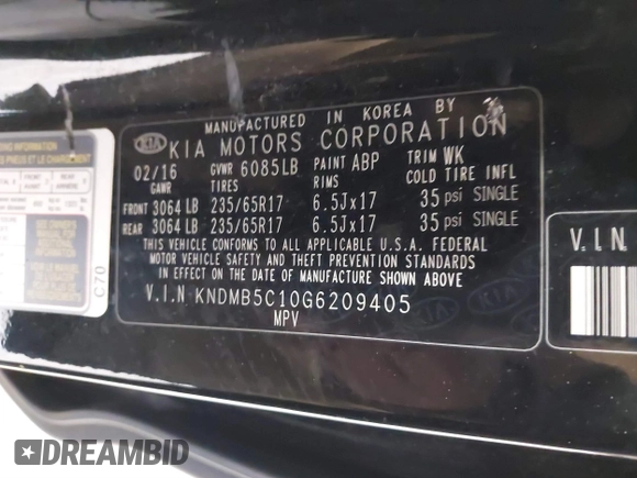 2016 Kia Sedona LX with VIN KNDMB5C10G6209405, listed as a IAAI auction lot 41849437 with 190,141 mi miles. Bid and sale history available at carsss.com. Image 9.