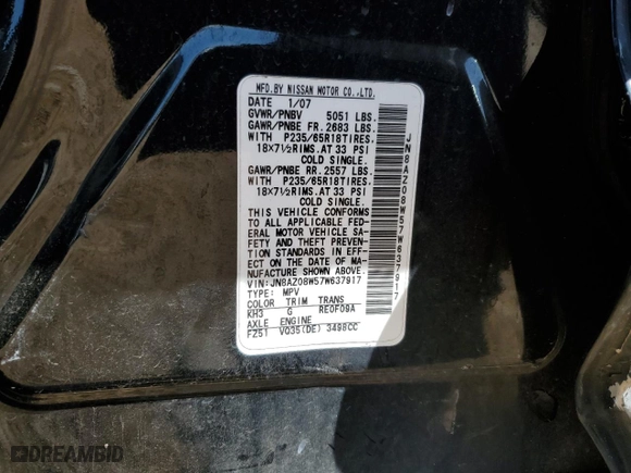 2007 Nissan Murano SL with VIN JN8AZ08W57W637917, listed as a Copart auction lot 48538765 with 223,653 mi miles and Salvage Title. Bid and sale history available at carsss.com. Image 14.