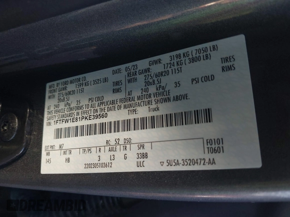 2023 Ford F-150 XL with VIN 1FTFW1E81PKE39560, listed as a IAAI auction lot 41202267 with 20,383 mi miles. Bid and sale history available at carsss.com. Image 9.