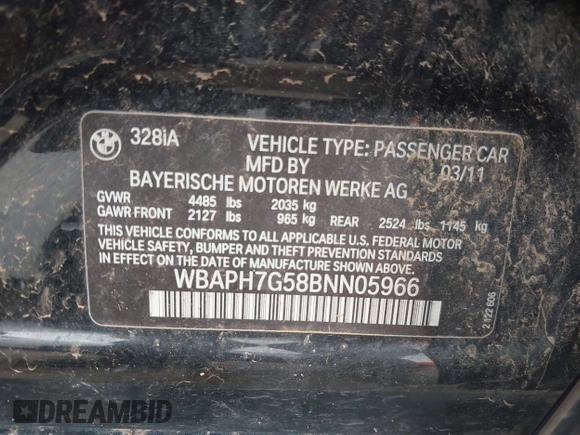 2011 BMW 3 Series 328i with VIN WBAPH7G58BNN05966, listed as a IAAI auction lot 42596914 with 166,047 mi miles and . Bid and sale history available at DreamBid. Image 9.