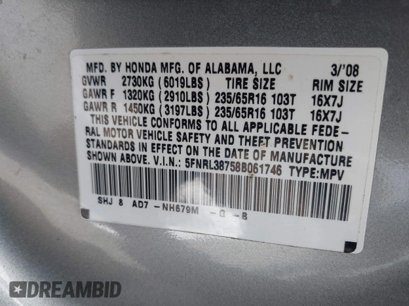 2008 Honda Odyssey EX-L with VIN 5FNRL38758B061746, listed as a IAAI auction lot 41429481 with 109,428 mi miles and . Bid and sale history available at DreamBid. Image 9.